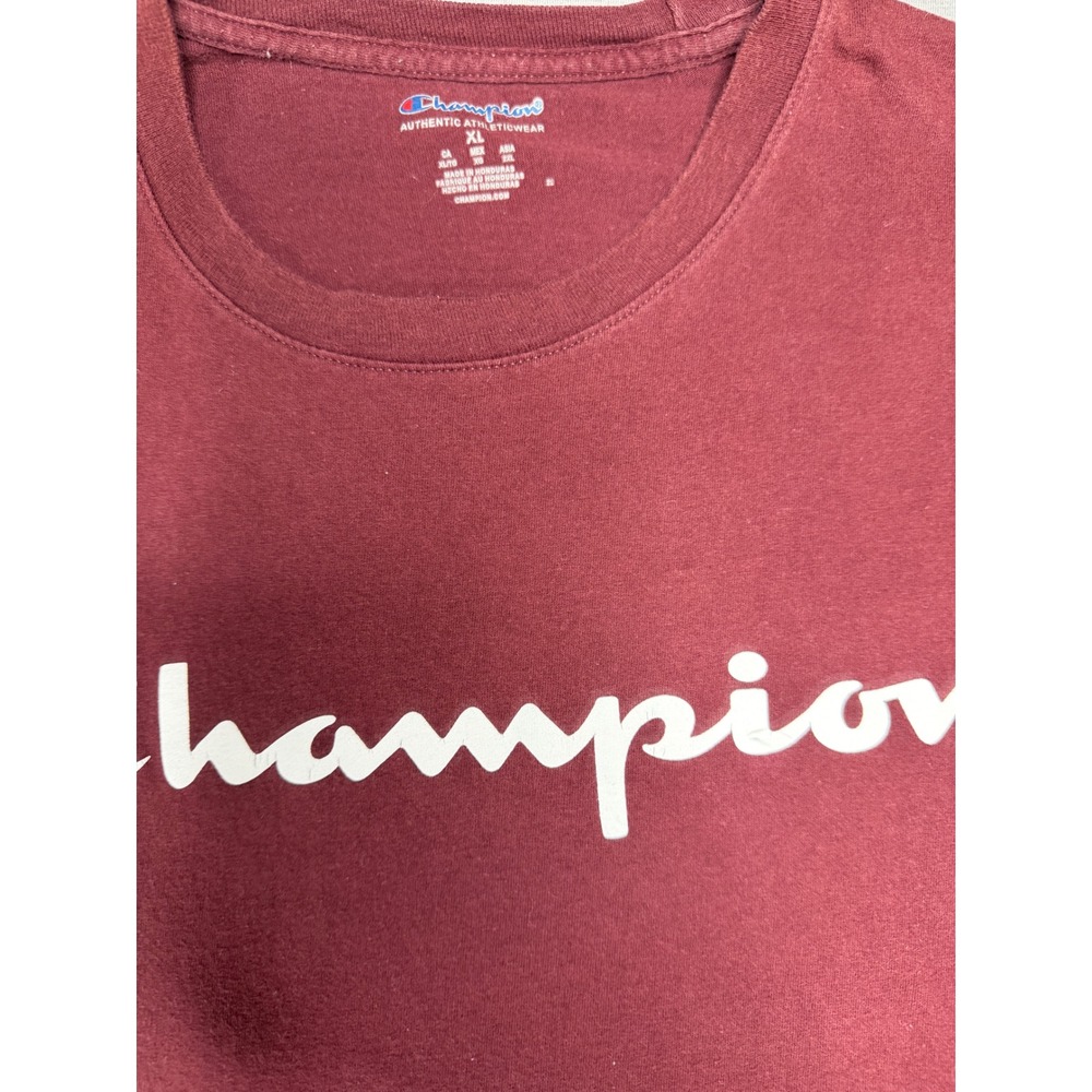 🍁Champion Mens XL Maroon Burgundy Script Logo Short Sleeve Cotton T-Shirt - Picture 4 of 7